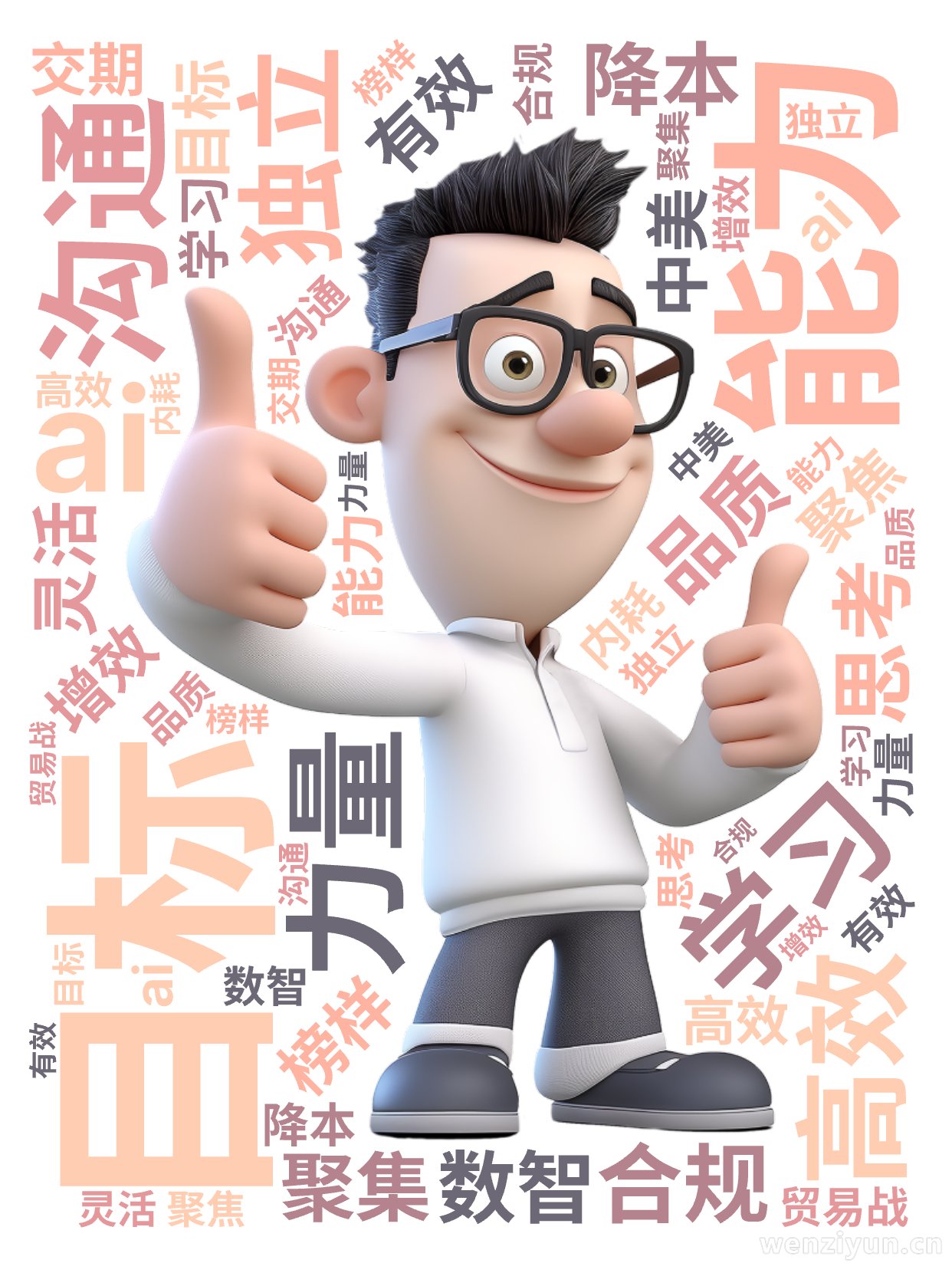 ,目标,能力,沟通,学习,力量,高效,独立,品质,合规,有效,ai,榜样,增效,降本,数智,聚焦,思考,灵活,聚集,中美,内耗,交期,贸易战,文字词云图-wenziyun.cn