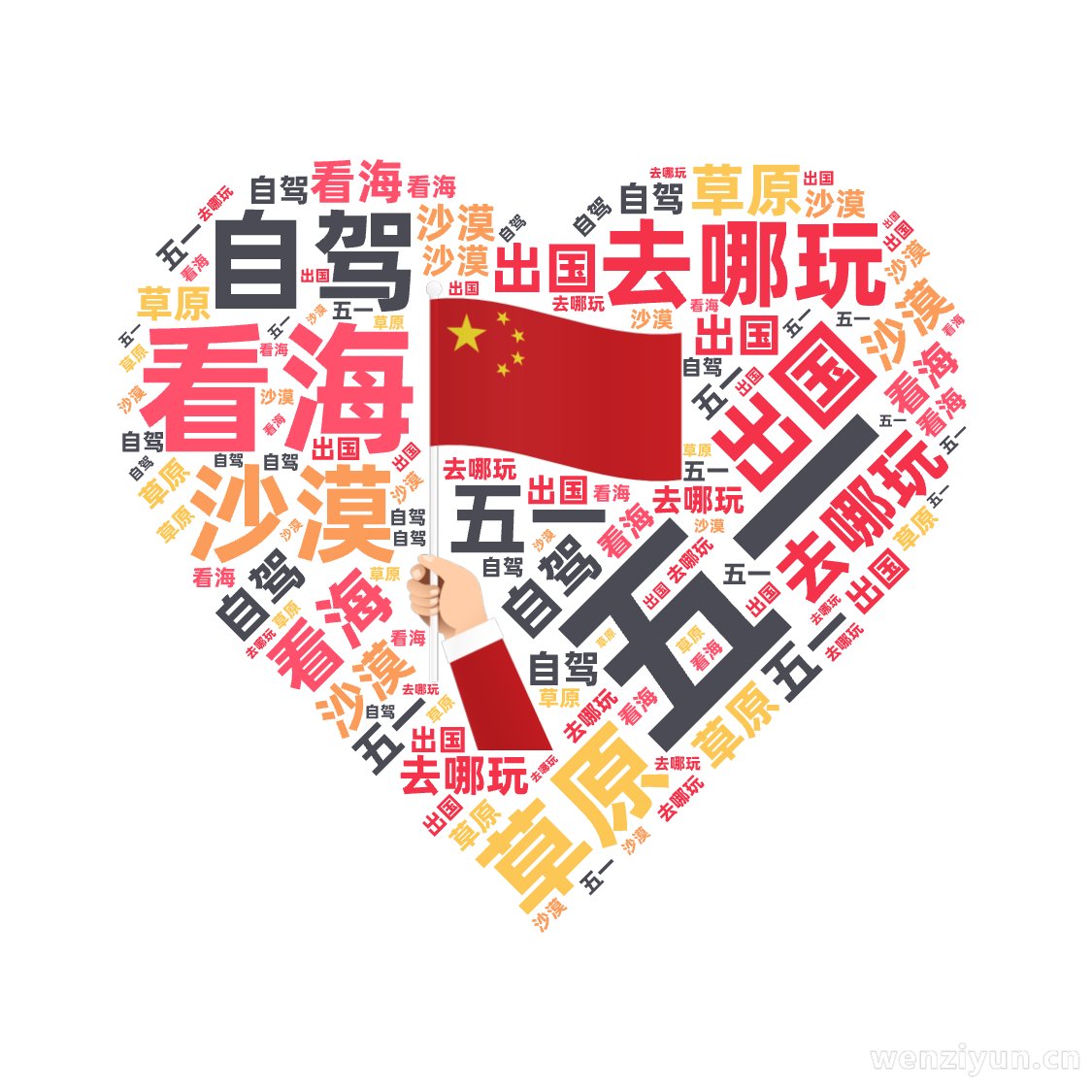 ,五一,去哪玩,看海,沙漠,草原,自驾,出国,文字词云图-wenziyun.cn