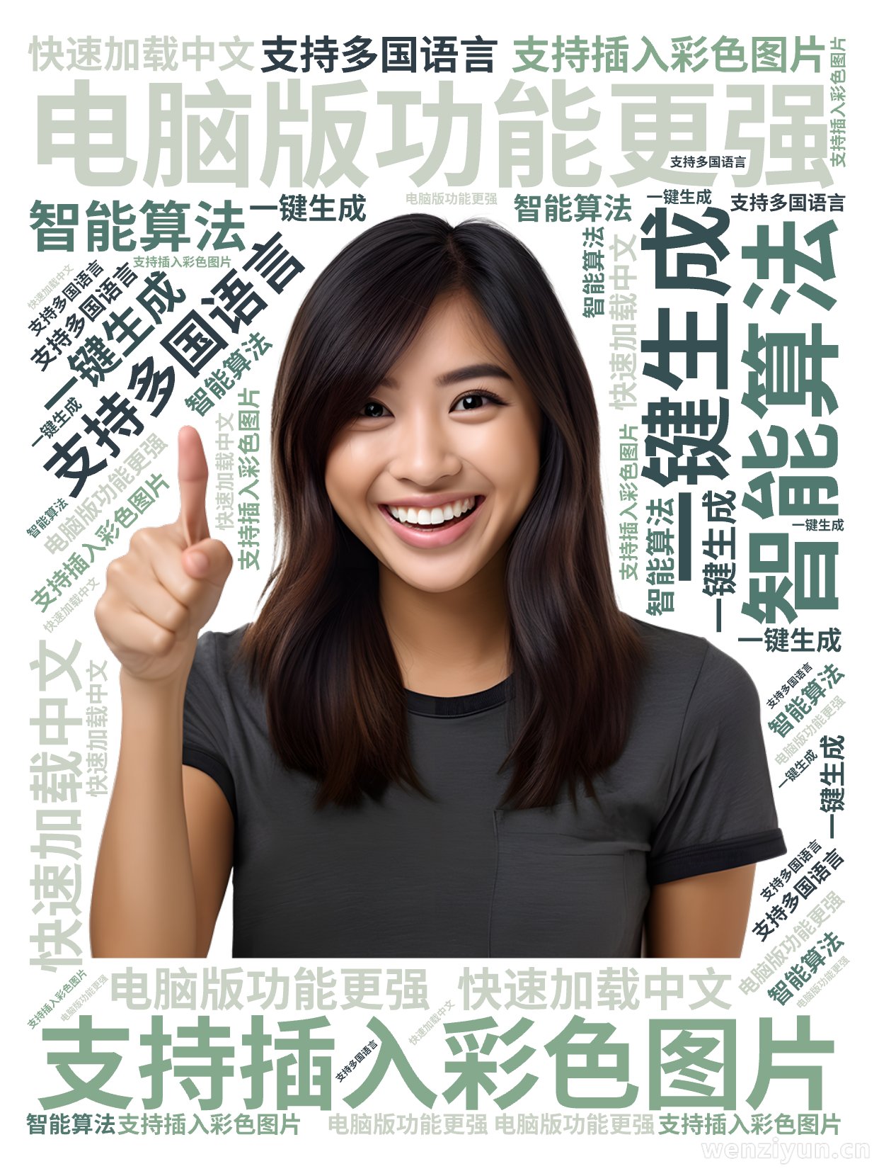 ,电脑版功能更强,支持插入彩色图片,智能算法,一键生成,支持多国语言,快速加载中文,文字词云图-wenziyun.cn