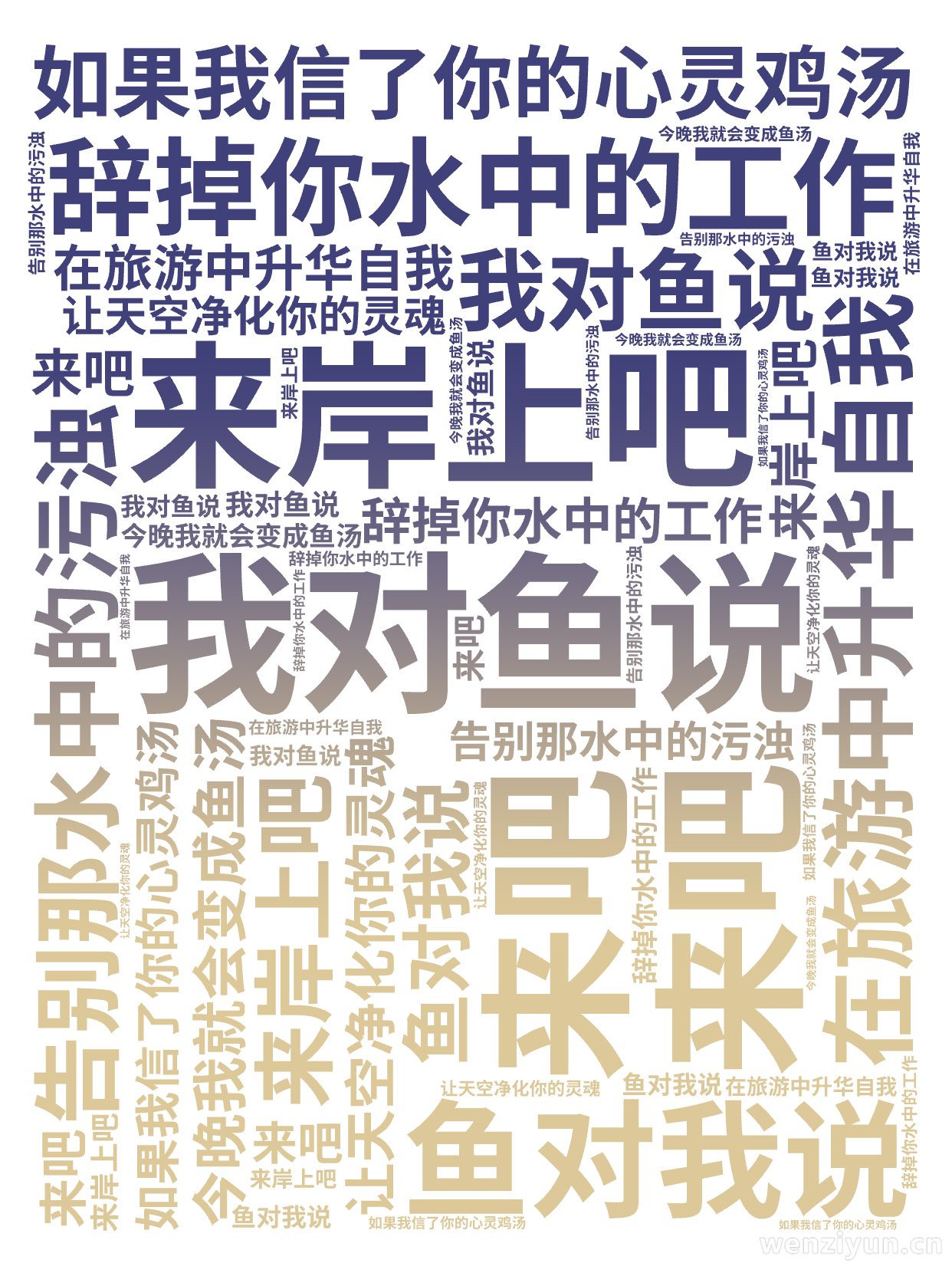 ,我对鱼说,来吧,来岸上吧,辞掉你水中的工作,在旅游中升华自我,告别那水中的污浊,让天空净化你的灵魂,鱼对我说,如果我信了你的心灵鸡汤,今晚,文字词云图-wenziyun.cn