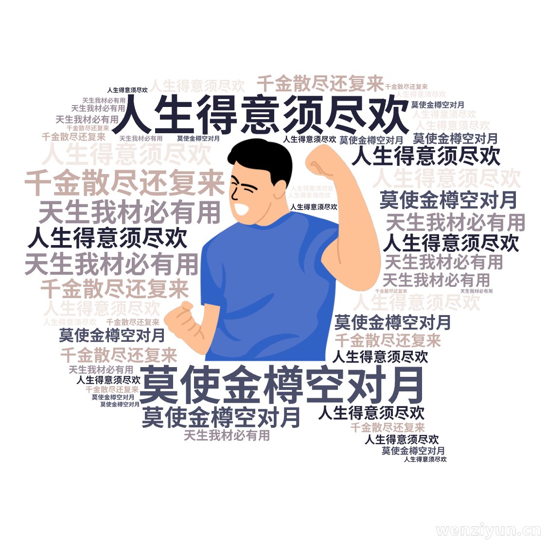 ,人生得意须尽欢,莫使金樽空对月,天生我材必有用,千金散尽还复来,文字词云图-wenziyun.cn