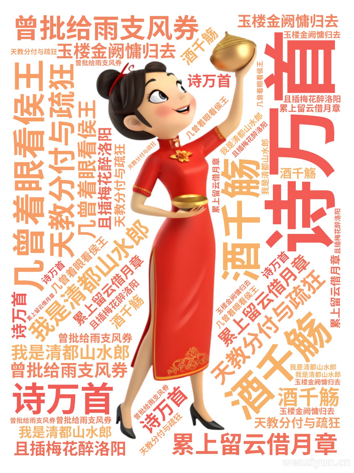 ,我是清都山水郎,天教分付与疏狂,曾批给雨支风券,累上留云借月章,诗万首,酒千觞,几曾着眼看侯王,玉楼金阙慵归去,且插梅花醉洛阳,文字词云图-wenziyun.cn