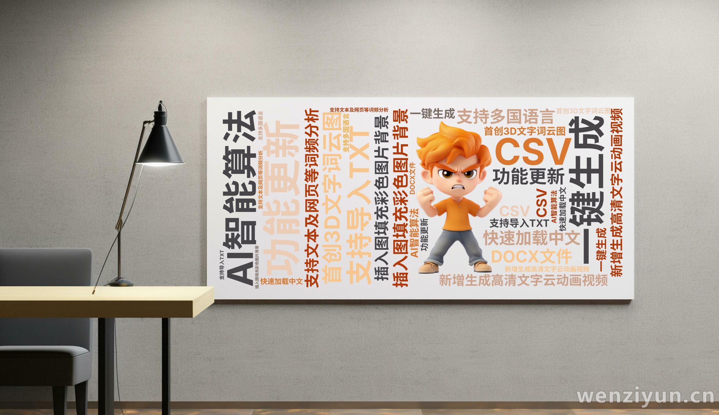 功能更新,新增生成高清文字云动画视频,插入图填充彩色图片背景,首创3D文字词云图,AI智能算法,一键生成,支持多国语言,快速加载中文,支持文,文字词云图-wenziyun.cn