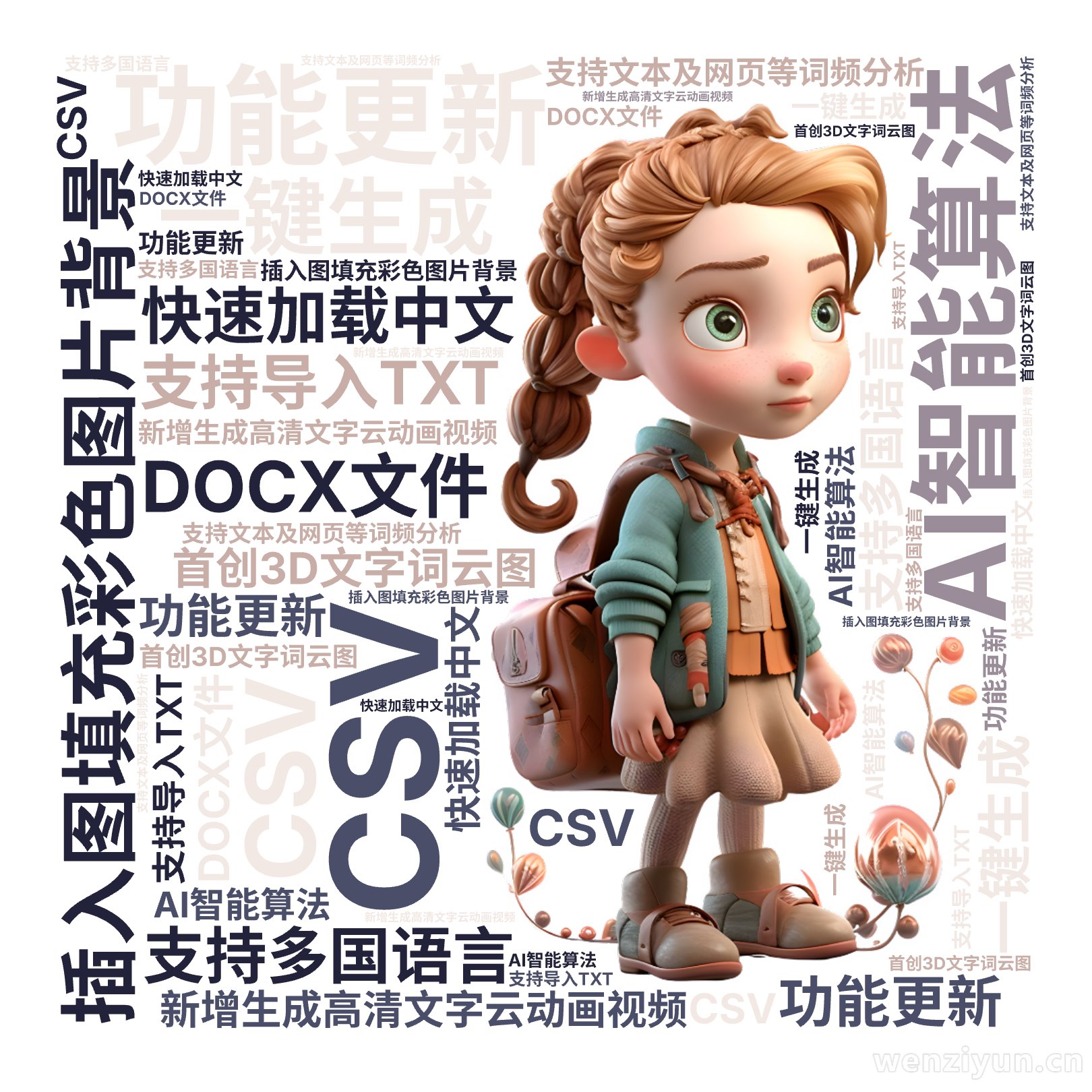 功能更新,新增生成高清文字云动画视频,插入图填充彩色图片背景,首创3D文字词云图,AI智能算法,一键生成,支持多国语言,快速加载中文,支持文,文字词云图-wenziyun.cn