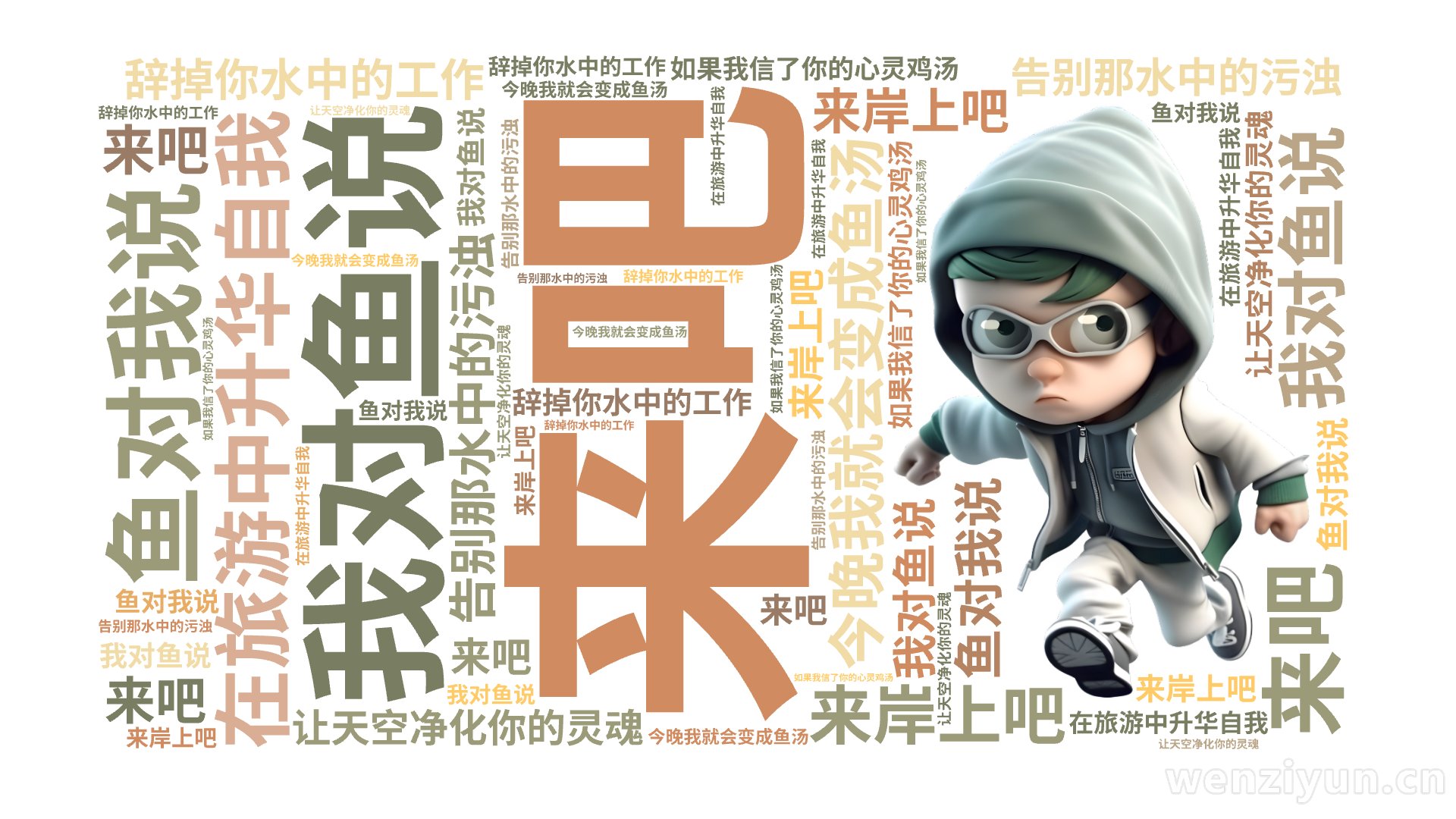 我对鱼说,来吧,来岸上吧,辞掉你水中的工作,在旅游中升华自我,告别那水中的污浊,让天空净化你的灵魂,鱼对我说,如果我信了你的心灵鸡汤,今晚我,文字词云图-wenziyun.cn
