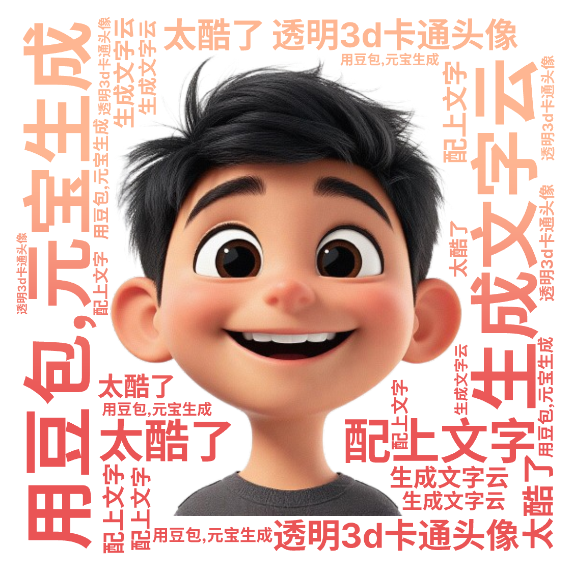 ,用豆包,元宝生成,透明3d卡通头像,配上文字,生成文字云,太酷了,文字词云图-wenziyun.cn