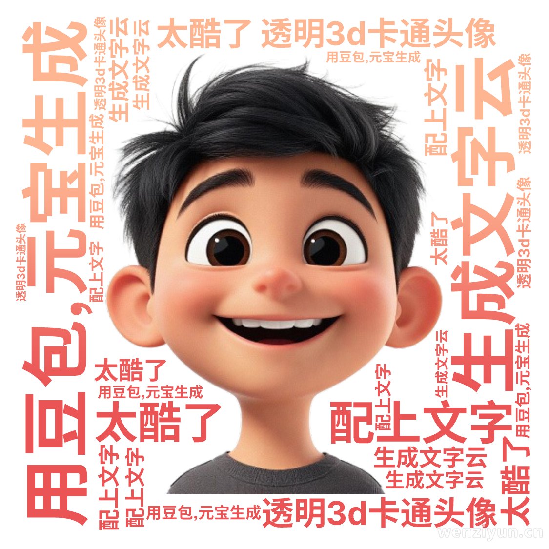 ,用豆包,元宝生成,透明3d卡通头像,配上文字,生成文字云,太酷了,文字词云图-wenziyun.cn