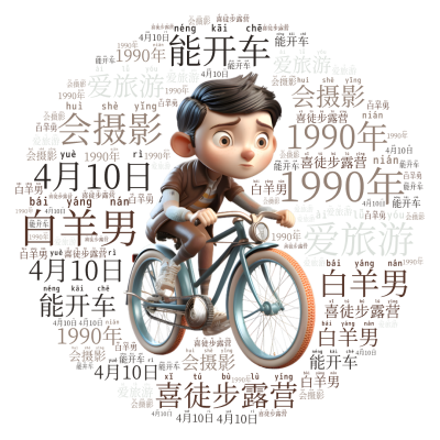 标签云:,1990年,4月10日,白羊男,爱旅游,会摄影,能开车,喜徒步露营,文字词云图-wenziyun.cn