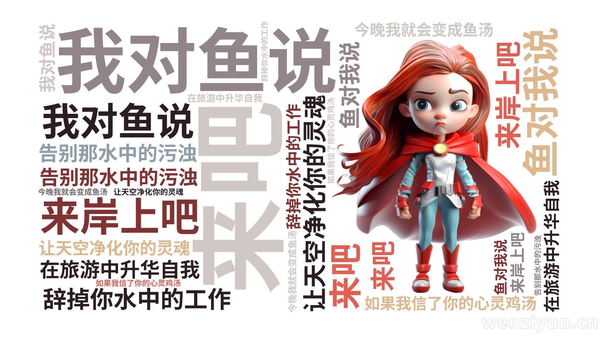 我对鱼说,来吧,来岸上吧,辞掉你水中的工作,在旅游中升华自我,告别那水中的污浊,让天空净化你的灵魂,鱼对我说,如果我信了你的心灵鸡汤,今晚我,文字词云图-wenziyun.cn