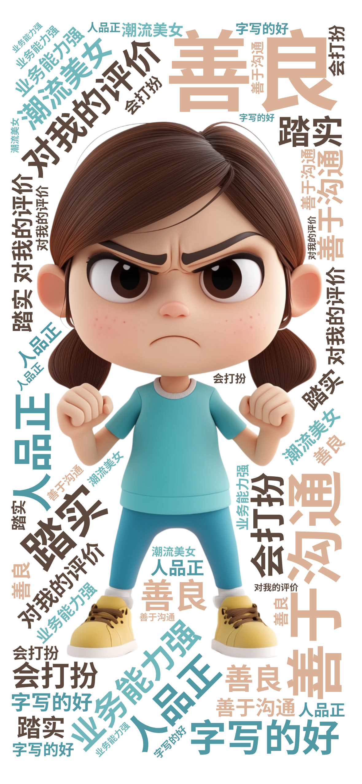 ,对我的评价,善于沟通,业务能力强,人品正,踏实,善良,潮流美女,字写的好,会打扮,文字词云图-wenziyun.cn