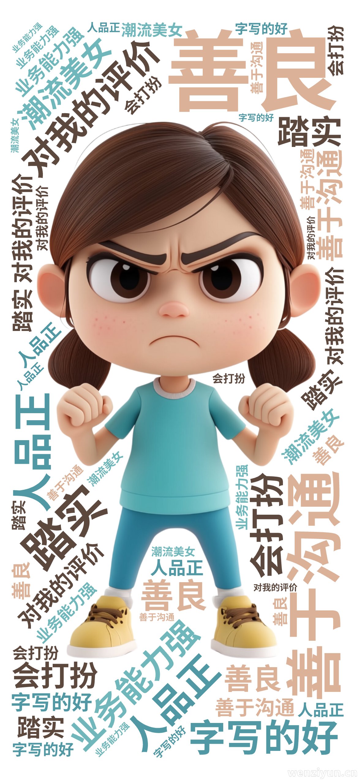 ,对我的评价,善于沟通,业务能力强,人品正,踏实,善良,潮流美女,字写的好,会打扮,文字词云图-wenziyun.cn