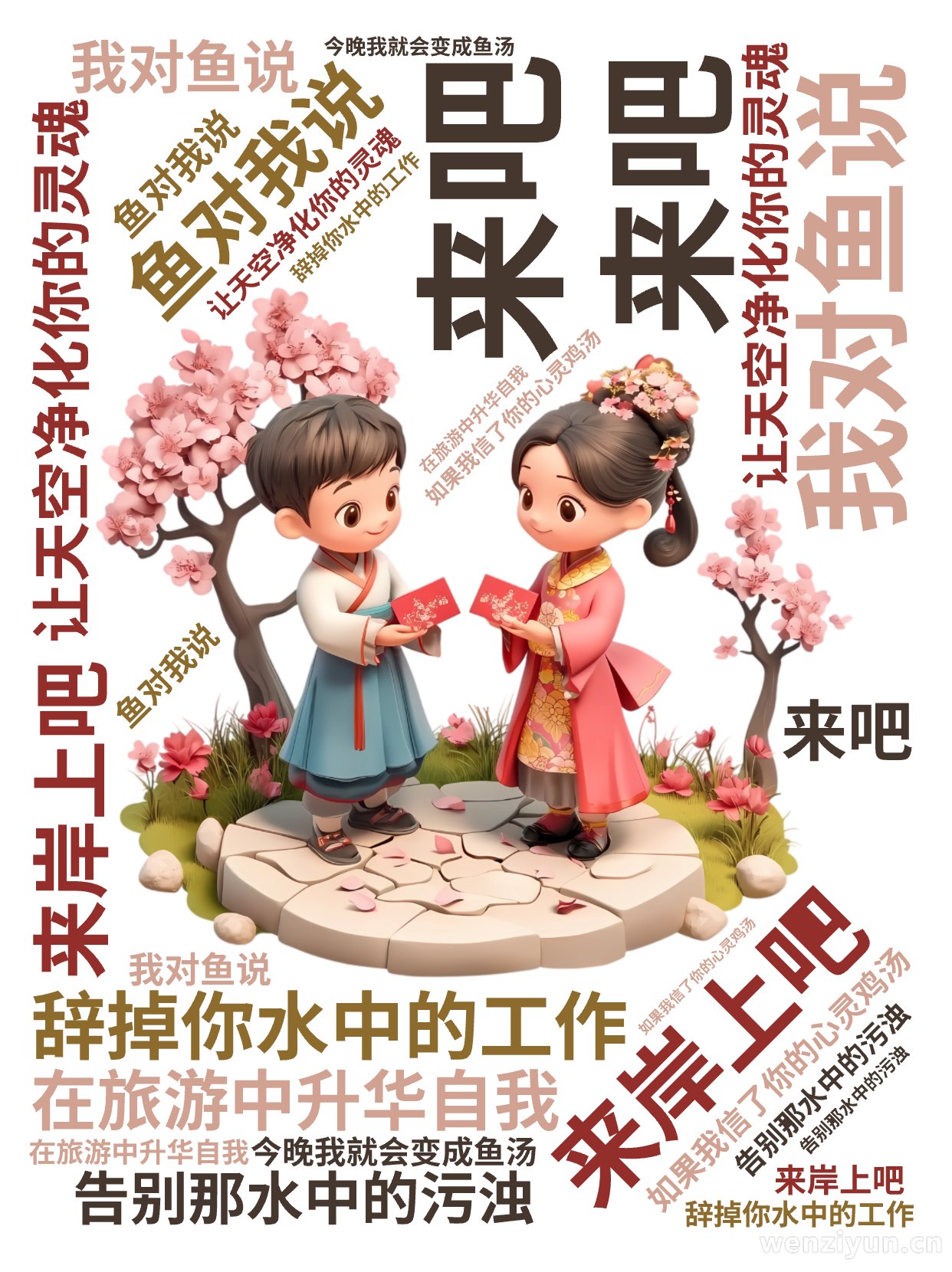 ,我对鱼说,来吧,来岸上吧,辞掉你水中的工作,在旅游中升华自我,告别那水中的污浊,让天空净化你的灵魂,鱼对我说,如果我信了你的心灵鸡汤,今晚,文字词云图-wenziyun.cn