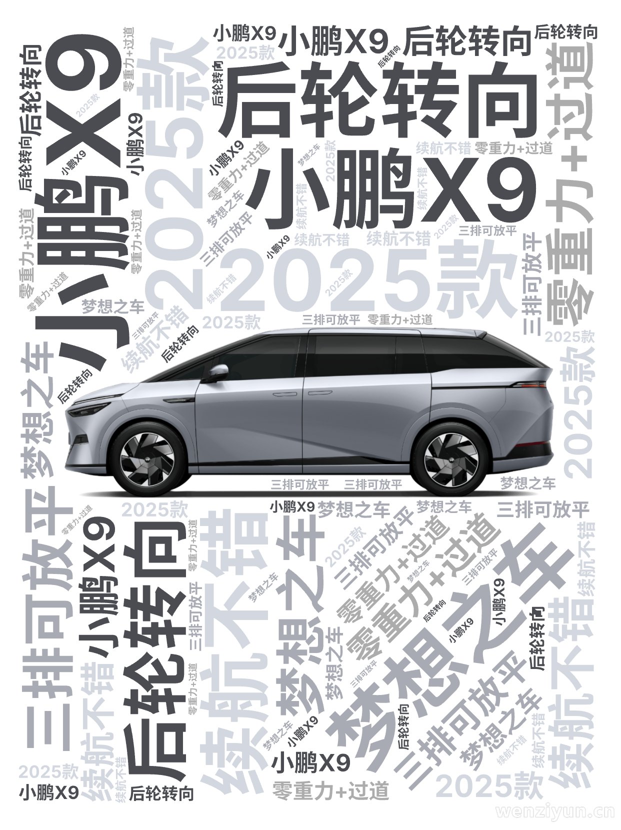,小鹏X9,2025款,梦想之车,零重力+过道,后轮转向,续航不错,三排可放平,文字词云图-wenziyun.cn