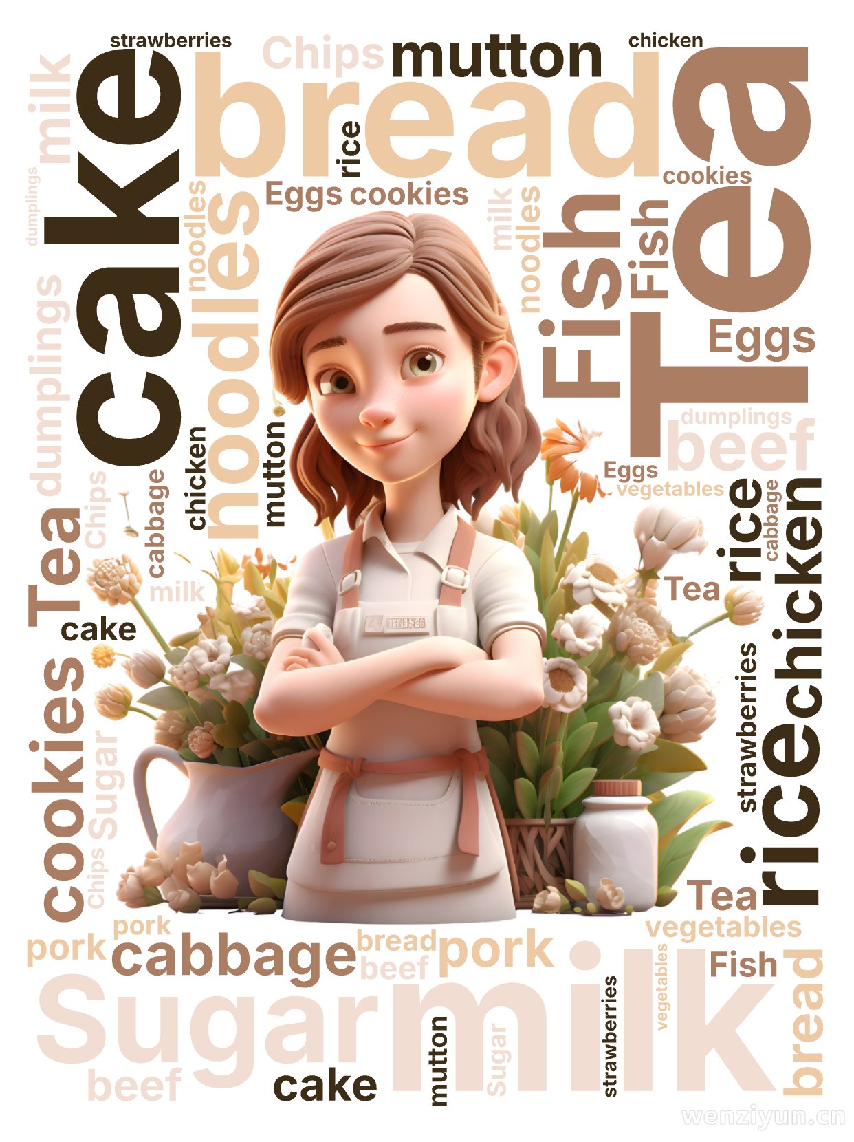 ,Tea,milk,cake,bread,Fish,Sugar,rice,noodles,cabbage,beef,mutton,pork,,文字词云图-wenziyun.cn
