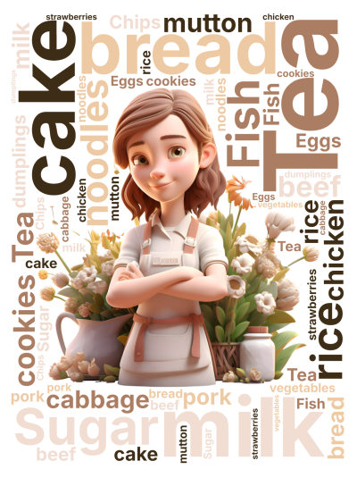 标签云:,Tea,milk,cake,bread,Fish,Sugar,rice,noodles,cabbage,beef,mutton,pork,,文字词云图-wenziyun.cn