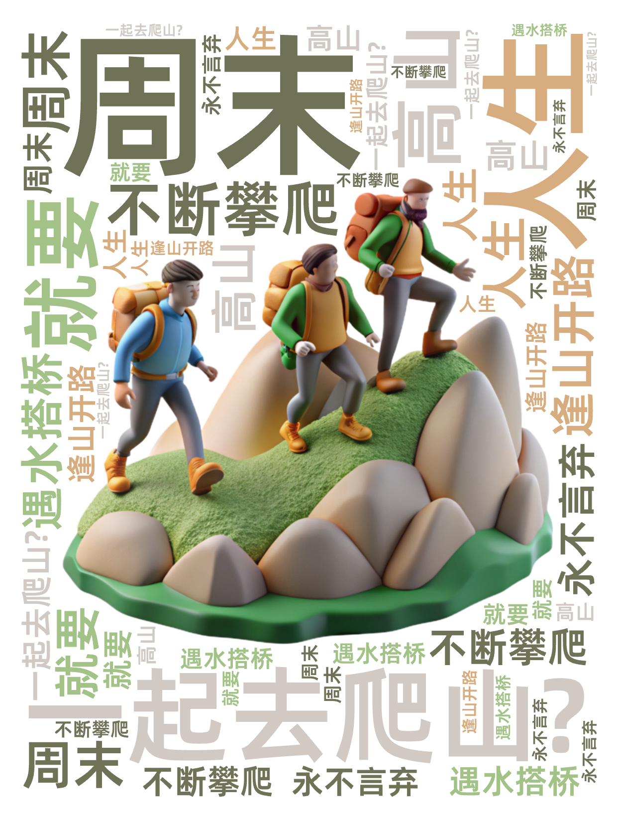 ,周末,一起去爬山?,人生,就要,不断攀爬,高山,逢山开路,遇水搭桥,永不言弃,文字词云图-wenziyun.cn