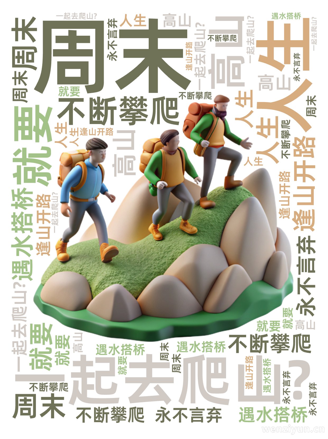 ,周末,一起去爬山?,人生,就要,不断攀爬,高山,逢山开路,遇水搭桥,永不言弃,文字词云图-wenziyun.cn