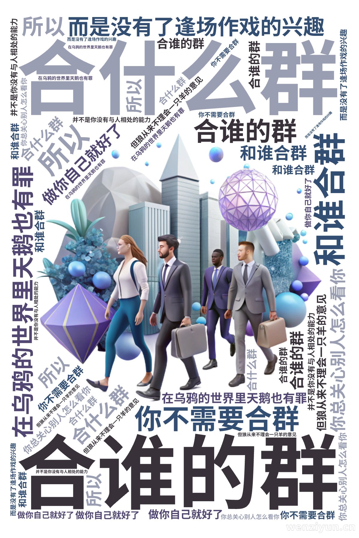 ,合什么群,合谁的群,和谁合群,在乌鸦的世界里天鹅也有罪,你总关心别人怎么看你,但狼从来不理会一只羊的意见, 你不需要合群,做你自己就好了,,文字词云图-wenziyun.cn