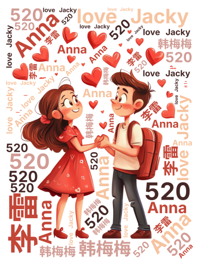 标签云:,Anna,love Jacky,520,韩梅梅,李雷,文字词云图-wenziyun.cn