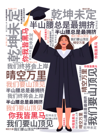 半山腰总是最拥挤,我们要山顶见,乾坤未定,你我皆黑马,我们终将会上岸,晴空万里,生成的3D文字词云图-wenziyun.cn