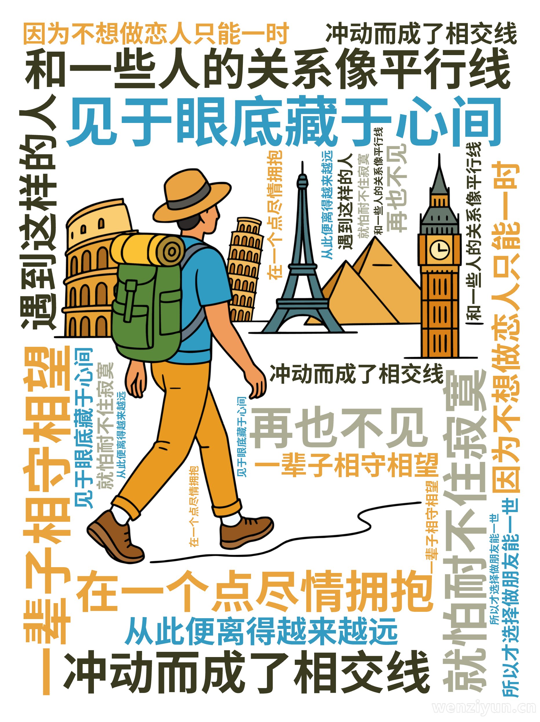 和一些人的关系像平行线,一辈子相守相望,见于眼底藏于心间,就怕耐不住寂寞,冲动而成了相交线,在一个点尽情拥抱,从此便离得越来越远,再也不见,,文字词云图-wenziyun.cn