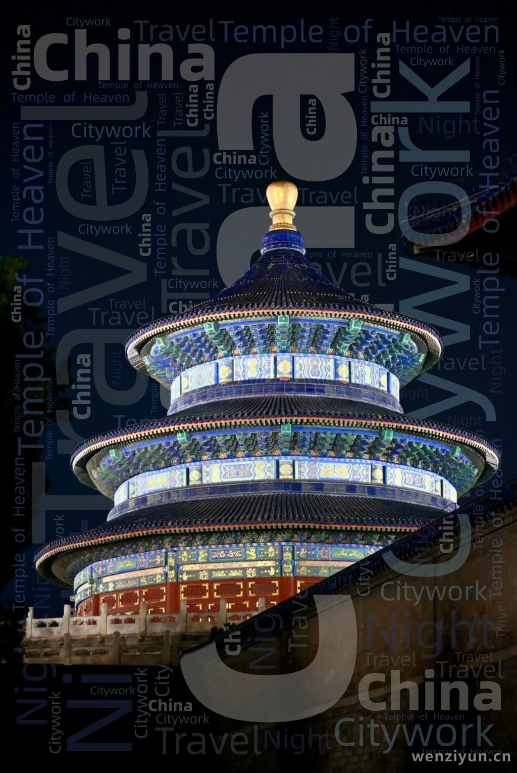 China,Travel,Temple of Heaven,Citywork,Night,文字词云图-wenziyun.cn