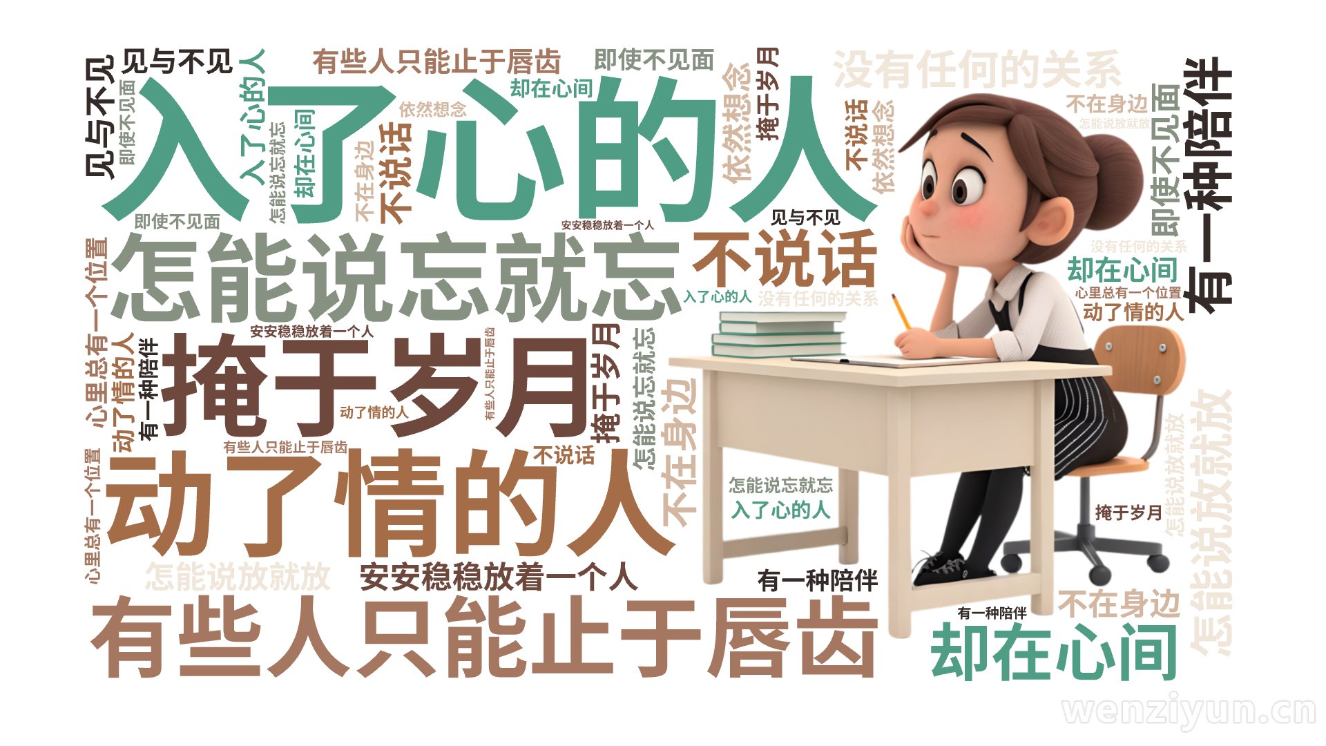 入了心的人,怎能说忘就忘,动了情的人,怎能说放就放,有些人只能止于唇齿,掩于岁月,有一种陪伴,不在身边,却在心间,即使不见面,不说话,没有任,文字词云图-wenziyun.cn