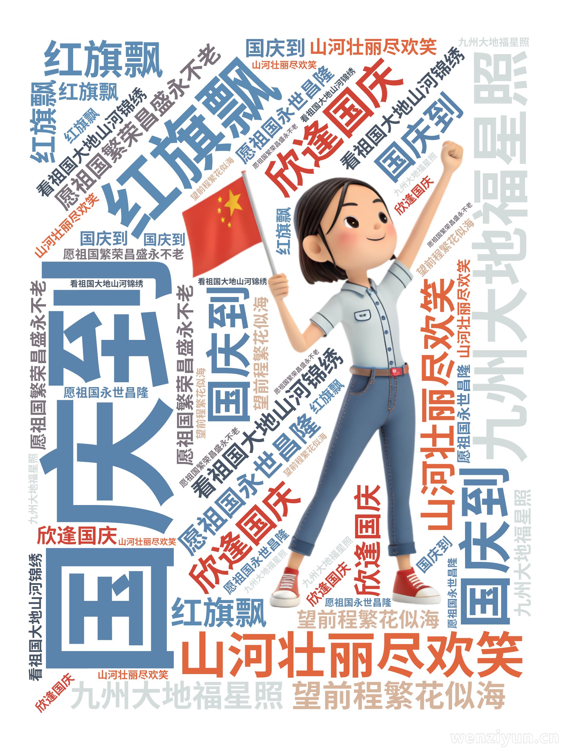 国庆到,红旗飘,山河壮丽尽欢笑,愿祖国繁荣昌盛永不老,九州大地福星照,欣逢国庆,看祖国大地山河锦绣,望前程繁花似海,愿祖国永世昌隆,文字词云图-wenziyun.cn