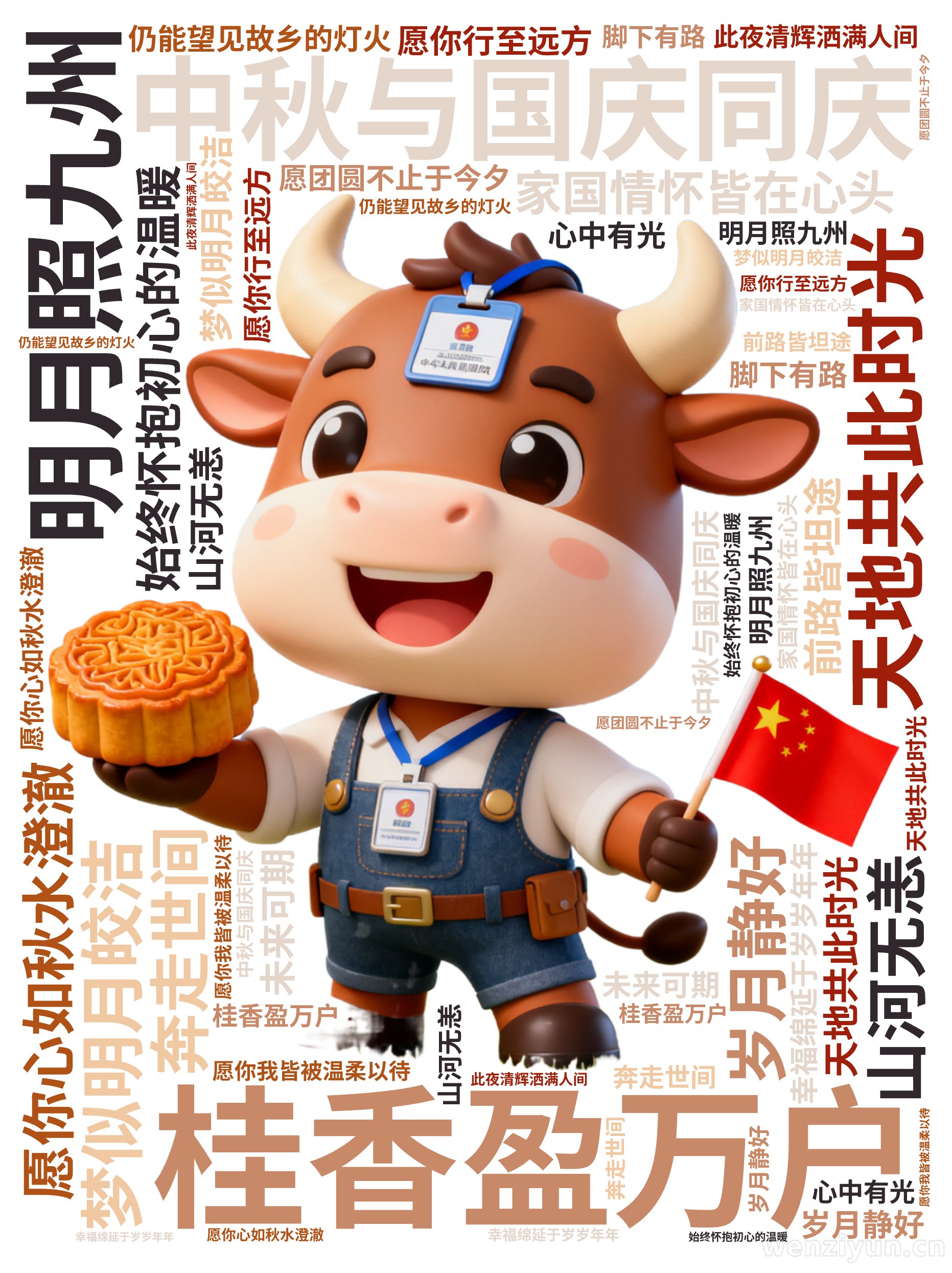 明月照九州,桂香盈万户,中秋与国庆同庆,天地共此时光,愿你心如秋水澄澈,梦似明月皎洁,山河无恙,岁月静好,家国情怀皆在心头,愿你行至远方,仍,文字词云图-wenziyun.cn