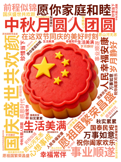 标签云:中秋月圆人团圆,国庆盛世共欢颜,愿祖国繁荣昌盛,人民幸福安康,愿你家庭和睦,事业顺遂,生活美满,心想事成,在这双节同庆的美好时刻,祝你阖家欢,文字词云图-wenziyun.cn