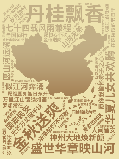 标签云:金秋送爽,丹桂飘香,盛世华章映山河,七十四载风雨兼程,神州大地焕新颜,万里江山锦绣如画,华夏儿女共欢腾,愿祖国如旭日东升,光芒万丈照千秋,似,文字词云图-wenziyun.cn