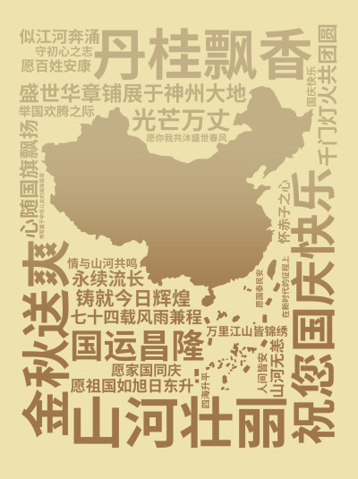 标签云:祝您国庆快乐,金秋送爽,丹桂飘香,盛世华章铺展于神州大地,山河壮丽,国运昌隆,七十四载风雨兼程,铸就今日辉煌,愿祖国如旭日东升,光芒万丈,似,文字词云图-wenziyun.cn