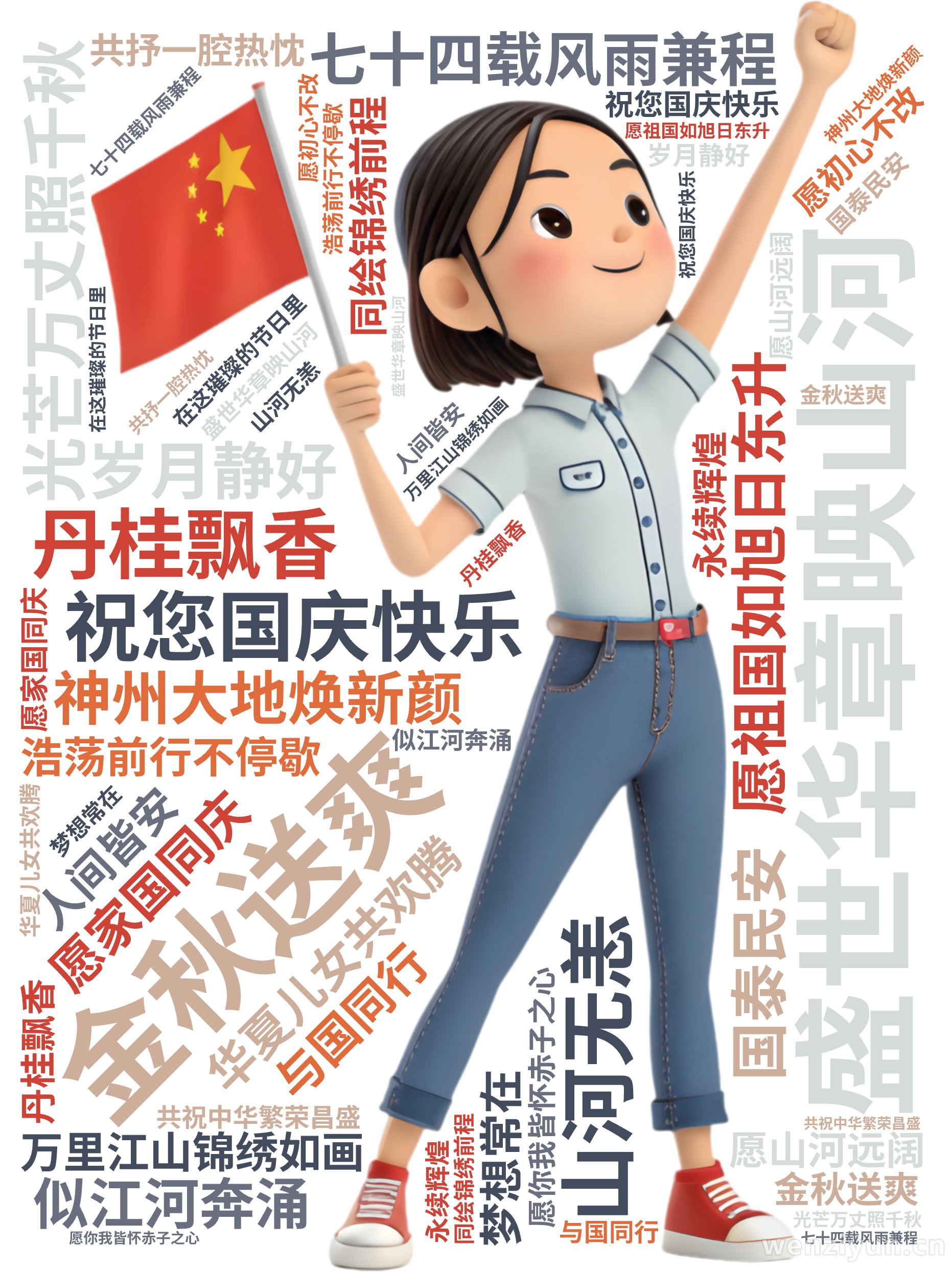 祝您国庆快乐,金秋送爽,丹桂飘香,盛世华章映山河,七十四载风雨兼程,神州大地焕新颜,万里江山锦绣如画,华夏儿女共欢腾,愿祖国如旭日东升,光芒,文字词云图-wenziyun.cn