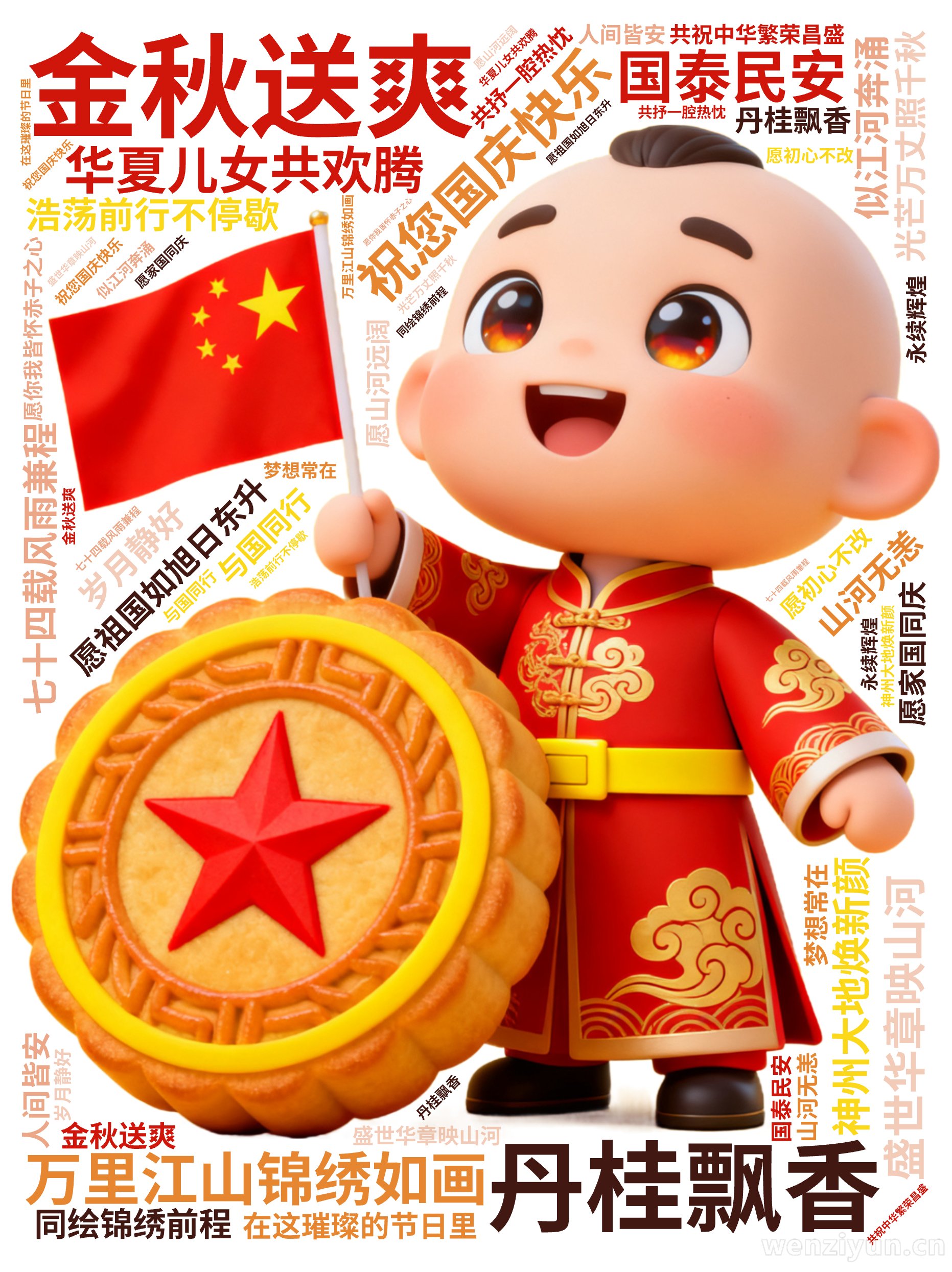 祝您国庆快乐,金秋送爽,丹桂飘香,盛世华章映山河,七十四载风雨兼程,神州大地焕新颜,万里江山锦绣如画,华夏儿女共欢腾,愿祖国如旭日东升,光芒,文字词云图-wenziyun.cn