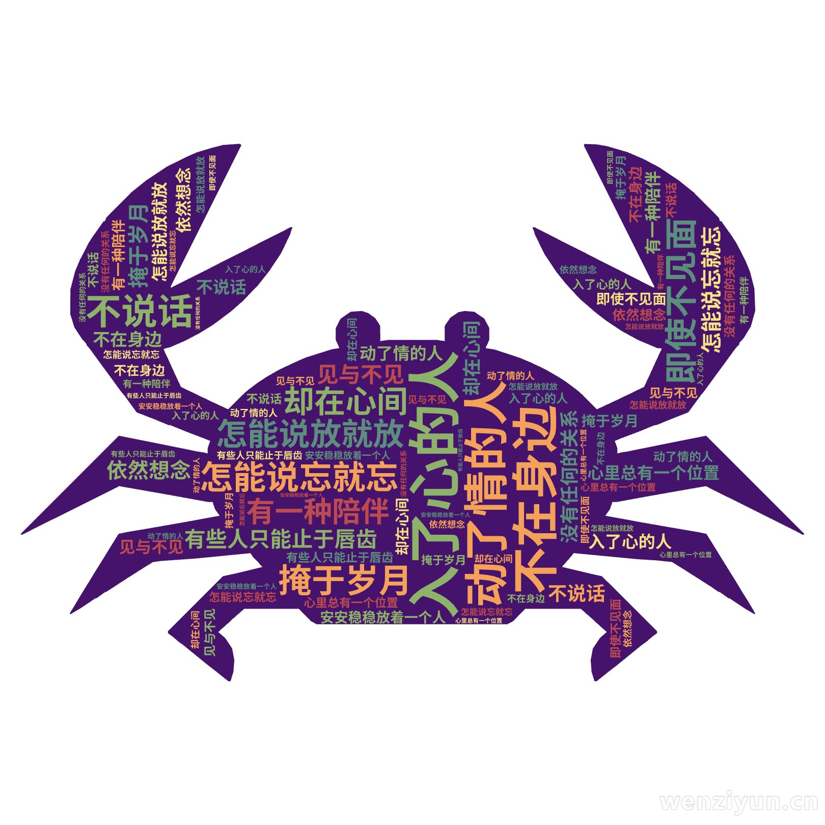 入了心的人,怎能说忘就忘,动了情的人,怎能说放就放,有些人只能止于唇齿,掩于岁月,有一种陪伴,不在身边,却在心间,即使不见面,不说话,没有任,文字词云图-wenziyun.cn