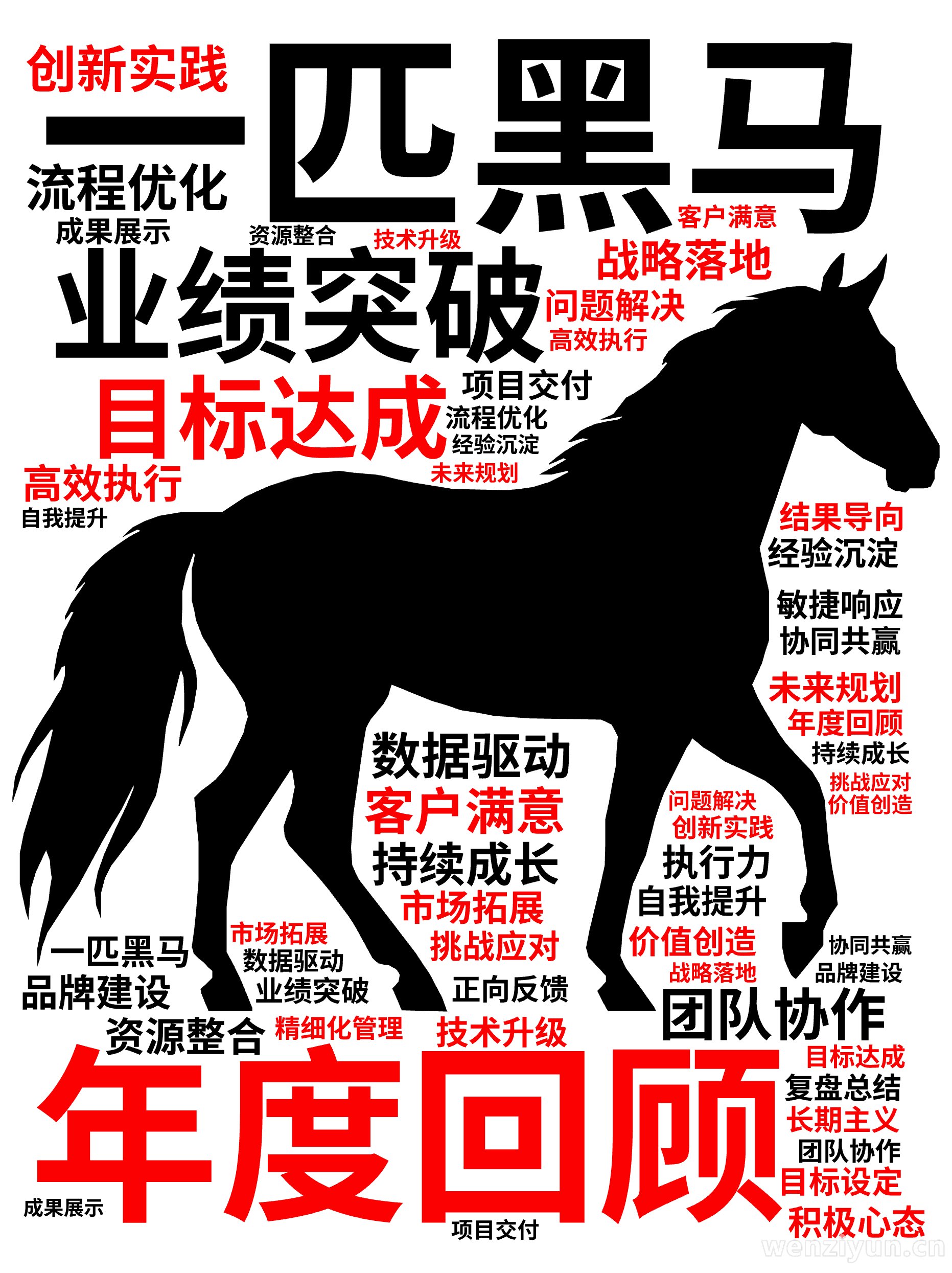 一匹黑马,年度回顾  ,业绩突破  ,目标达成  ,团队协作  ,创新实践  ,流程优化  ,客户满意  ,数据驱动  ,战略落地  ,持续,文字词云图-wenziyun.cn