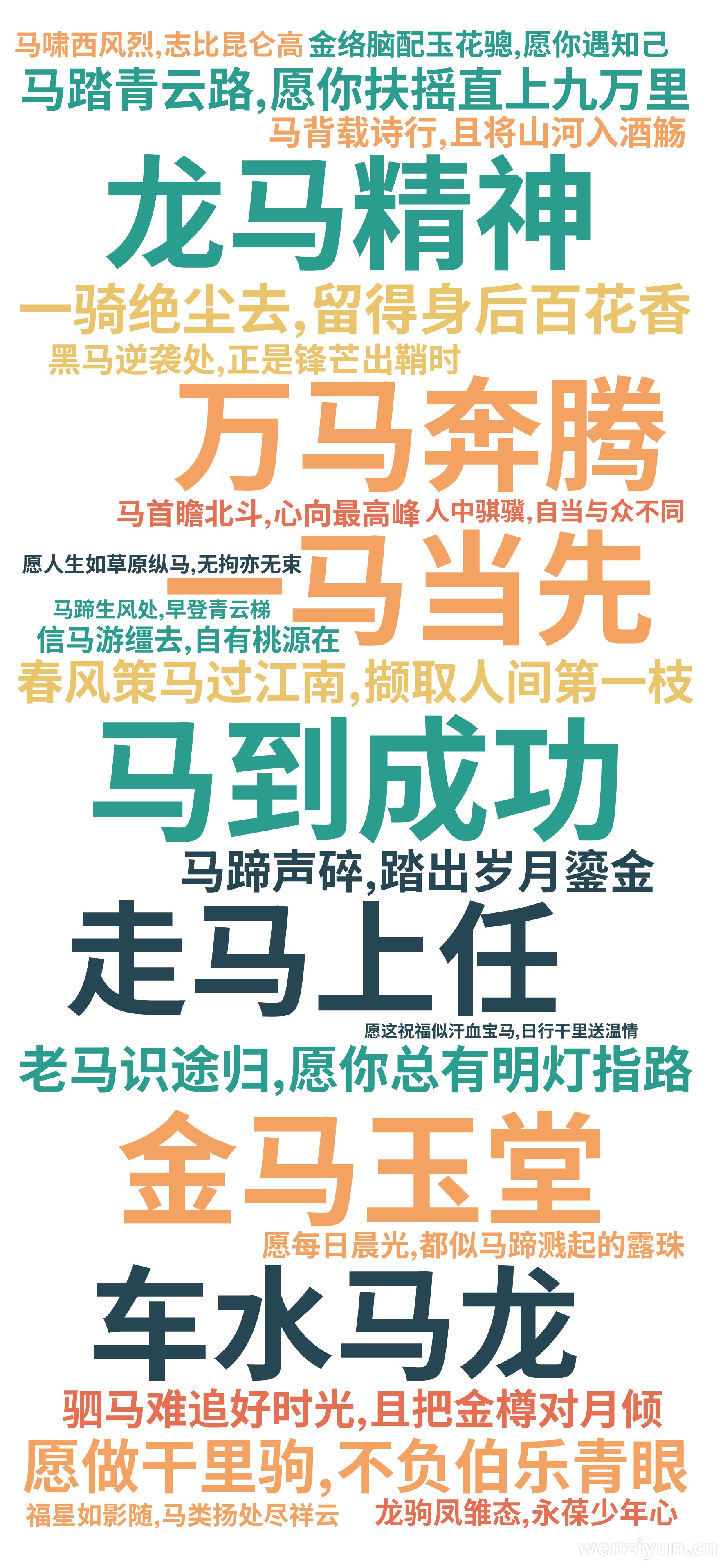 马到成功,龙马精神,一马当先,万马奔腾,金马玉堂,走马上任,车水马龙,马踏青云路,愿你扶摇直上九万里,一骑绝尘去,留得身后百花香,老马识途归,文字词云图-wenziyun.cn