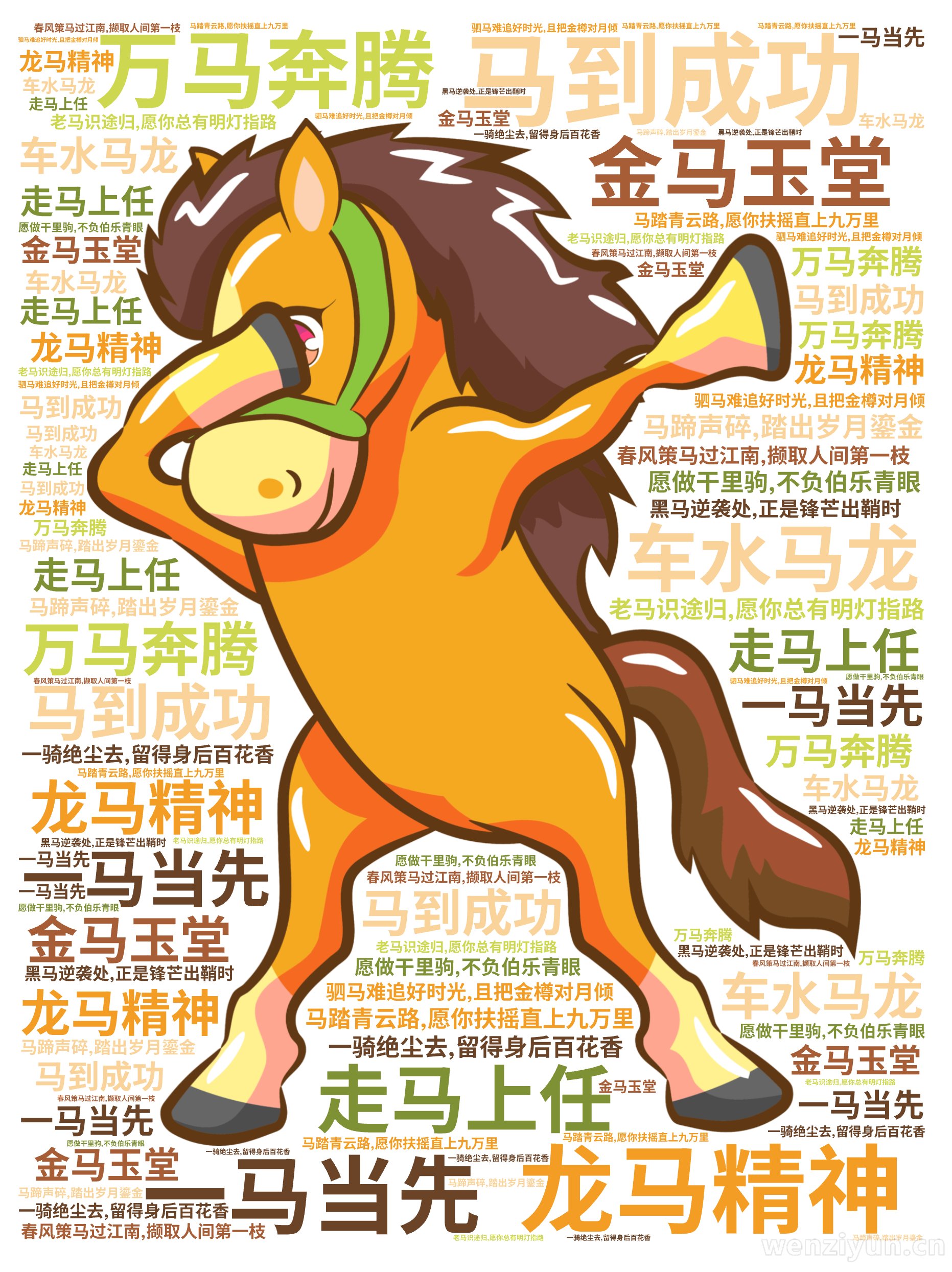 马到成功,龙马精神,一马当先,万马奔腾,金马玉堂,走马上任,车水马龙,马踏青云路,愿你扶摇直上九万里,一骑绝尘去,留得身后百花香,老马识途归,文字词云图-wenziyun.cn