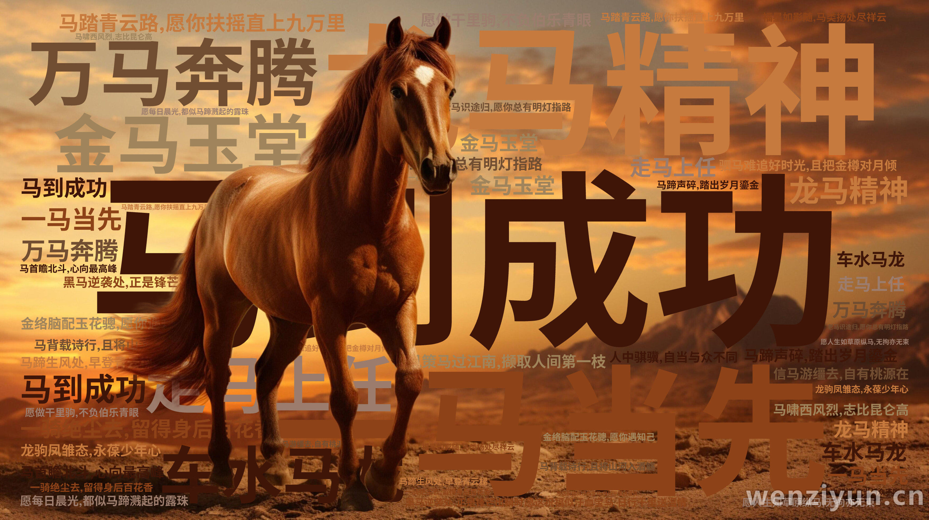 马到成功,龙马精神,一马当先,万马奔腾,金马玉堂,走马上任,车水马龙,马踏青云路,愿你扶摇直上九万里,一骑绝尘去,留得身后百花香,老马识途归,文字词云图-wenziyun.cn