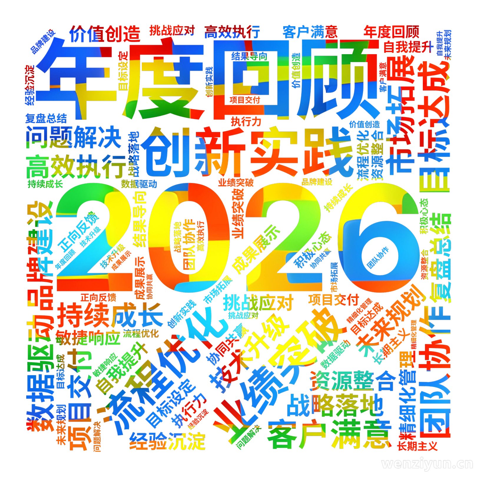 2026,年度回顾  ,业绩突破  ,目标达成  ,团队协作  ,创新实践  ,流程优化  ,客户满意  ,数据驱动  ,战略落地  ,持续,文字词云图-wenziyun.cn