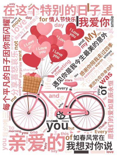 标签云:亲爱的,遇见你是我今生最美的意外,每个平凡的日子因你而闪耀,每一个清晨都因你的笑容变得温暖,感谢你陪我走过四季,分享喜怒哀乐,在这个特别的日,文字词云图-wenziyun.cn