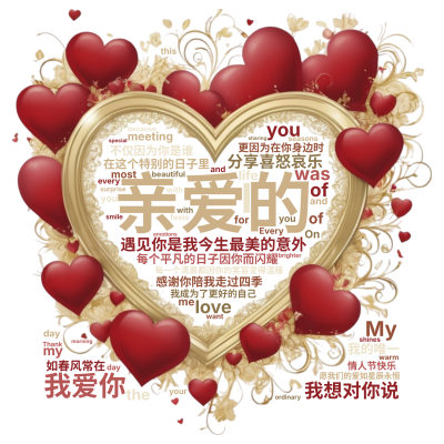 标签云:亲爱的,遇见你是我今生最美的意外,每个平凡的日子因你而闪耀,每一个清晨都因你的笑容变得温暖,感谢你陪我走过四季,分享喜怒哀乐,在这个特别的日,文字词云图-wenziyun.cn