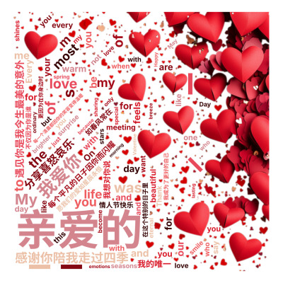 标签云:亲爱的,遇见你是我今生最美的意外,每个平凡的日子因你而闪耀,每一个清晨都因你的笑容变得温暖,感谢你陪我走过四季,分享喜怒哀乐,在这个特别的日,文字词云图-wenziyun.cn