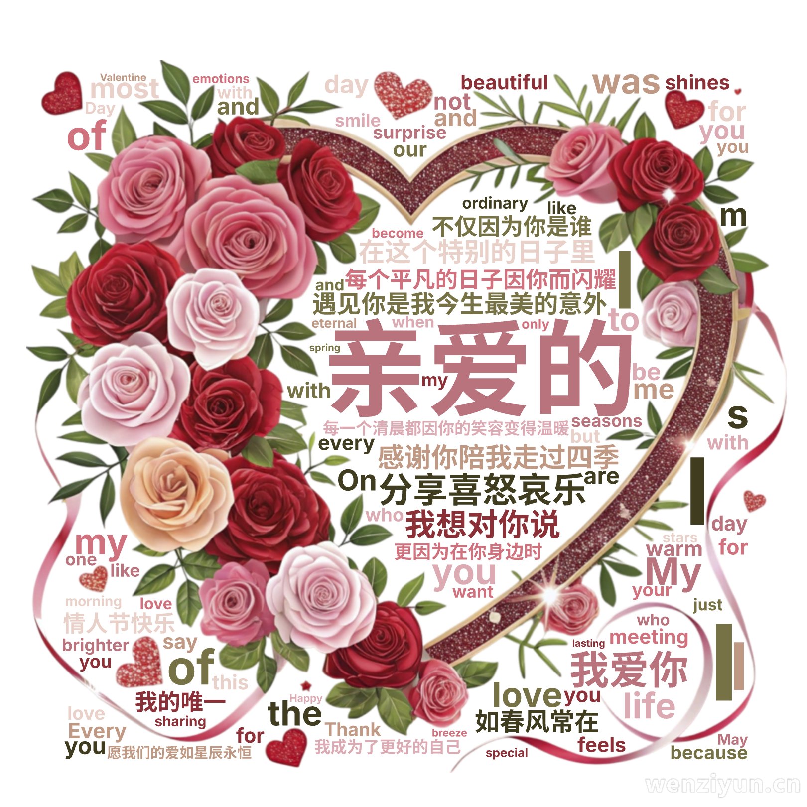 亲爱的,遇见你是我今生最美的意外,每个平凡的日子因你而闪耀,每一个清晨都因你的笑容变得温暖,感谢你陪我走过四季,分享喜怒哀乐,在这个特别的日,文字词云图-wenziyun.cn