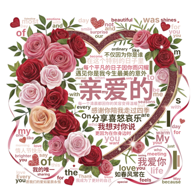 标签云:亲爱的,遇见你是我今生最美的意外,每个平凡的日子因你而闪耀,每一个清晨都因你的笑容变得温暖,感谢你陪我走过四季,分享喜怒哀乐,在这个特别的日,文字词云图-wenziyun.cn