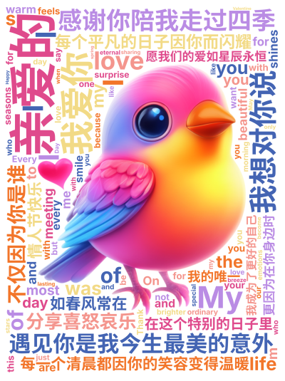 标签云:亲爱的,遇见你是我今生最美的意外,每个平凡的日子因你而闪耀,每一个清晨都因你的笑容变得温暖,感谢你陪我走过四季,分享喜怒哀乐,在这个特别的日,文字词云图-wenziyun.cn