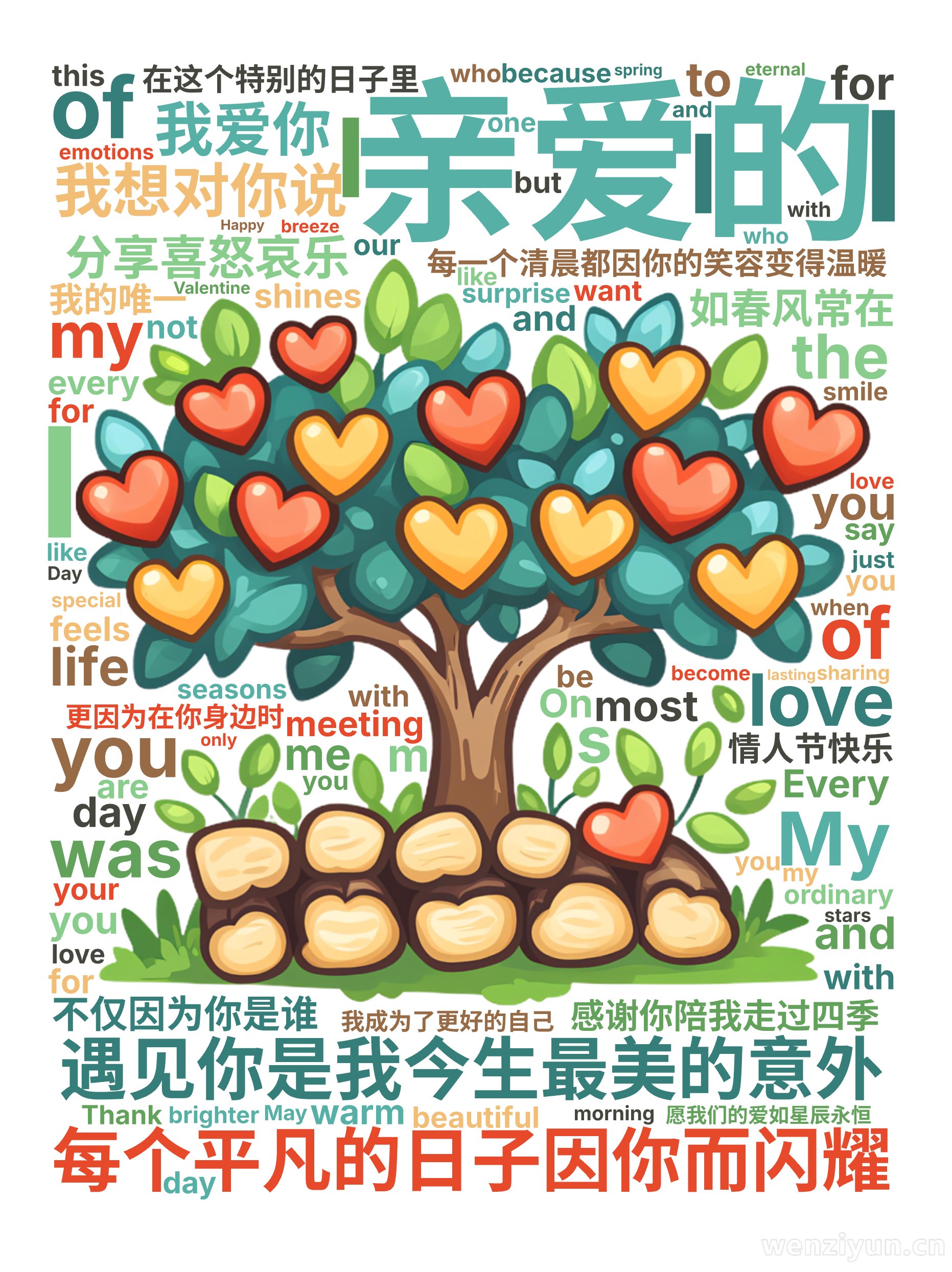 亲爱的,遇见你是我今生最美的意外,每个平凡的日子因你而闪耀,每一个清晨都因你的笑容变得温暖,感谢你陪我走过四季,分享喜怒哀乐,在这个特别的日,文字词云图-wenziyun.cn