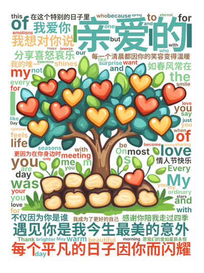 亲爱的,遇见你是我今生最美的意外,每个平凡的日子因你而闪耀,每一个清晨都因你的笑容变得温暖,感谢你陪我走过四季,分享喜怒哀乐,在这个特别的日,生成的3D文字词云图-wenziyun.cn