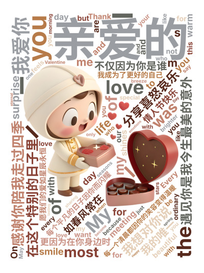 亲爱的,遇见你是我今生最美的意外,每个平凡的日子因你而闪耀,每一个清晨都因你的笑容变得温暖,感谢你陪我走过四季,分享喜怒哀乐,在这个特别的日,生成的3D文字词云图-wenziyun.cn