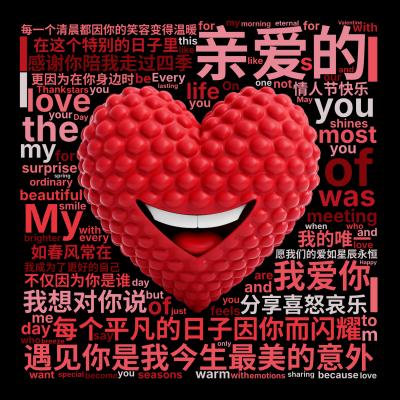 标签云:亲爱的,遇见你是我今生最美的意外,每个平凡的日子因你而闪耀,每一个清晨都因你的笑容变得温暖,感谢你陪我走过四季,分享喜怒哀乐,在这个特别的日,文字词云图-wenziyun.cn